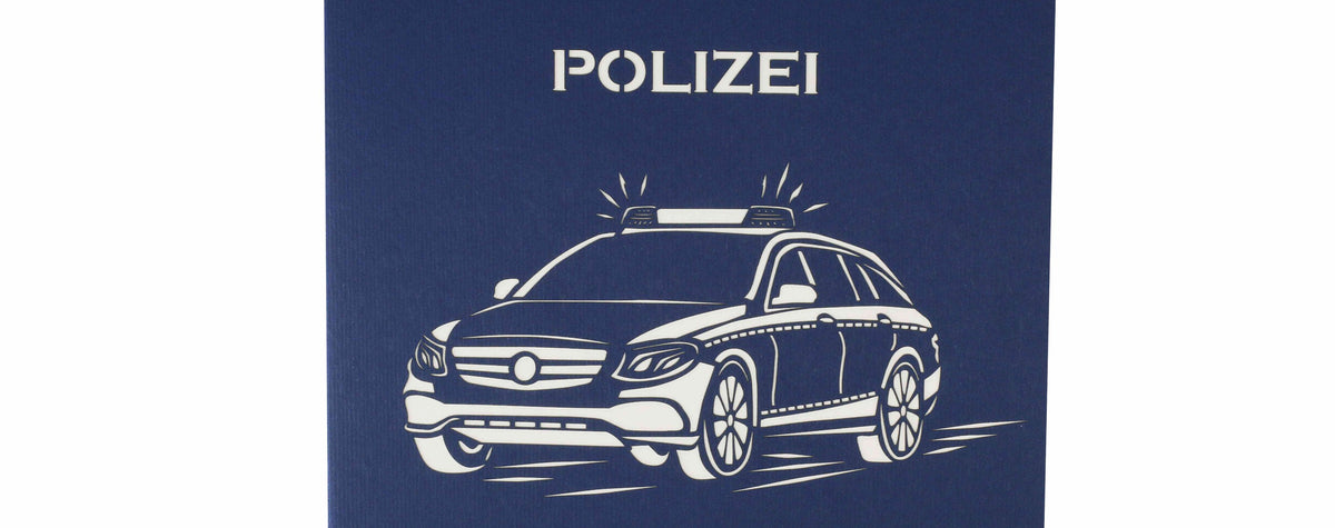 blaue karte mit einem Polizeiauto und Schrift Polizei