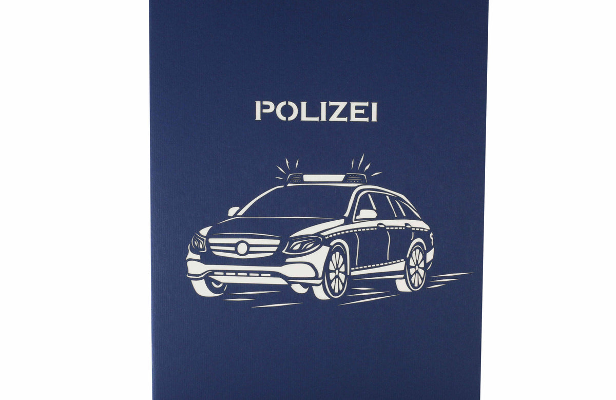 blaue karte mit einem Polizeiauto und Schrift Polizei