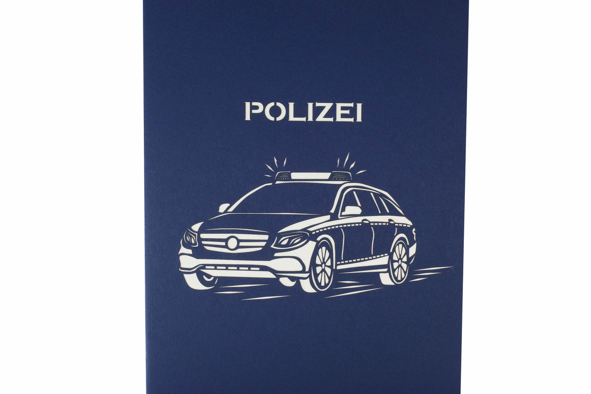 blaue karte mit einem Polizeiauto und Schrift Polizei