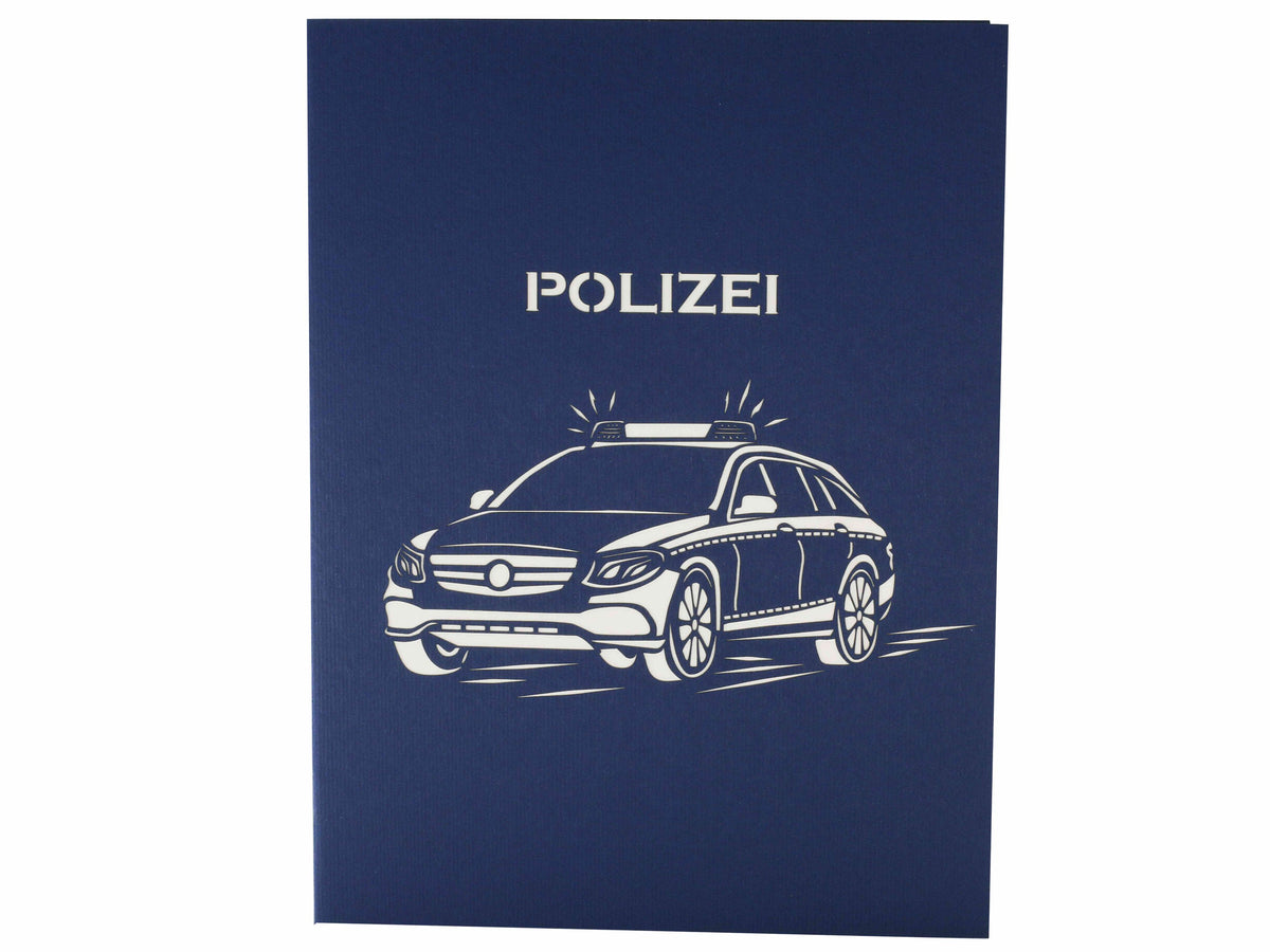 blaue karte mit einem Polizeiauto und Schrift Polizei