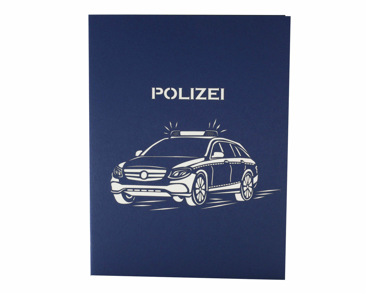 blaue karte mit einem Polizeiauto und Schrift Polizei