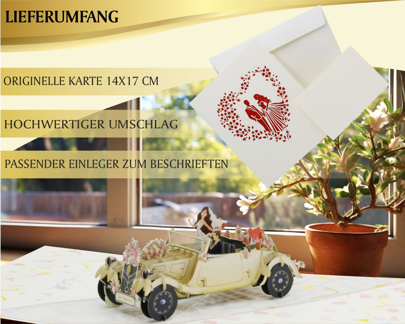 klappkarte-hochzeitsauto-mit-brautpaar-auf-der-fensterbank