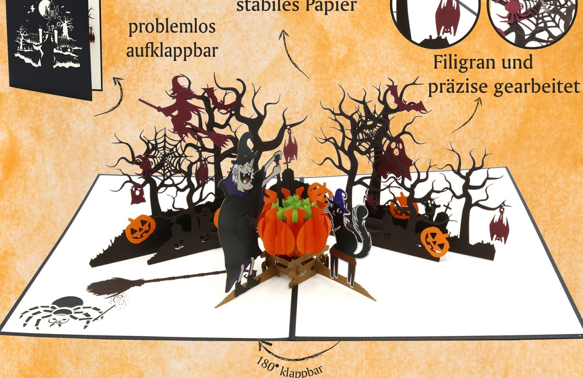 Aufgeklappte Halloween Pop-up-Karte, dazu die Hinweise problemlos aufklappbar, hochwertiges und stabiles Papier, filigran und präzise gearbeitet sowie Perfekt für Halloween Fans.