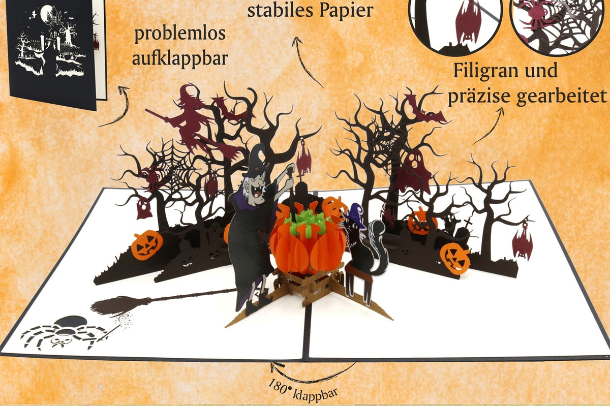 Aufgeklappte Halloween Pop-up-Karte, dazu die Hinweise problemlos aufklappbar, hochwertiges und stabiles Papier, filigran und präzise gearbeitet sowie Perfekt für Halloween Fans.