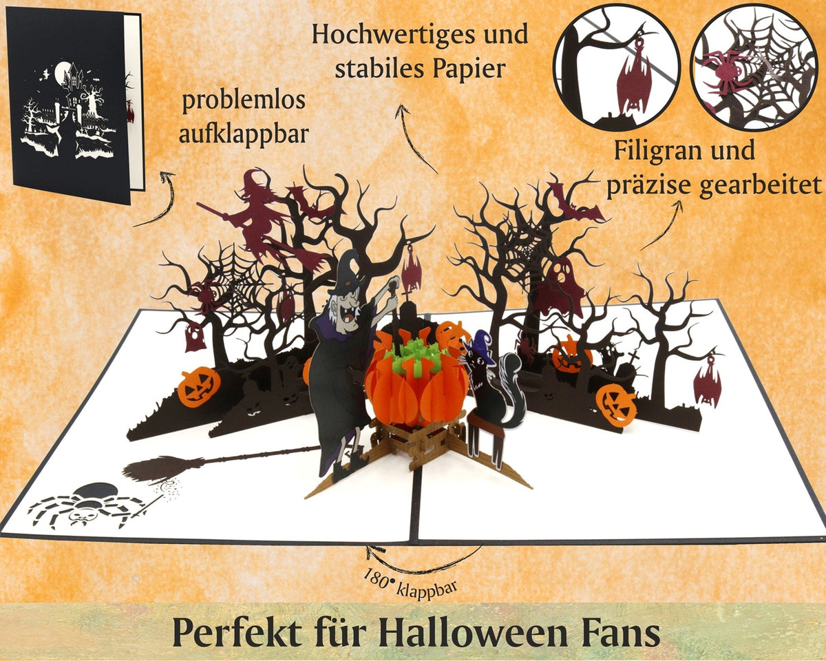 Aufgeklappte Halloween Pop-up-Karte, dazu die Hinweise problemlos aufklappbar, hochwertiges und stabiles Papier, filigran und präzise gearbeitet sowie Perfekt für Halloween Fans.