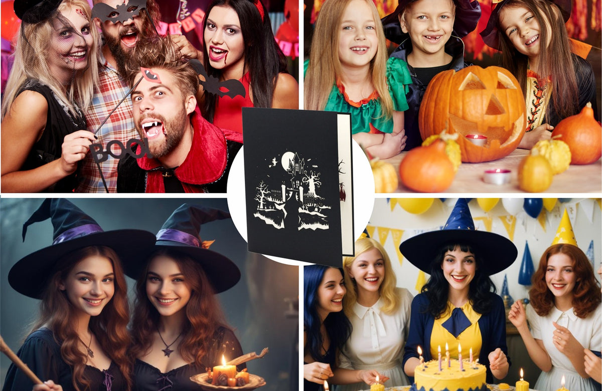 kinder, jugendliche und erwachsene feiern halloween mit einer schwarzen karte