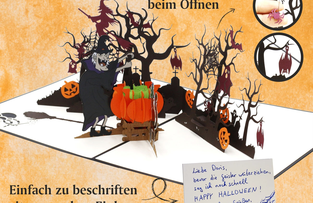 Aufgeklappte Halloween Pop-up-Karte mit beweglichen Figuren und beschriftetem Einleger, dazu die Hinweise mit beweglichen Figuren beim Öffnen und einfach zu beschriften.