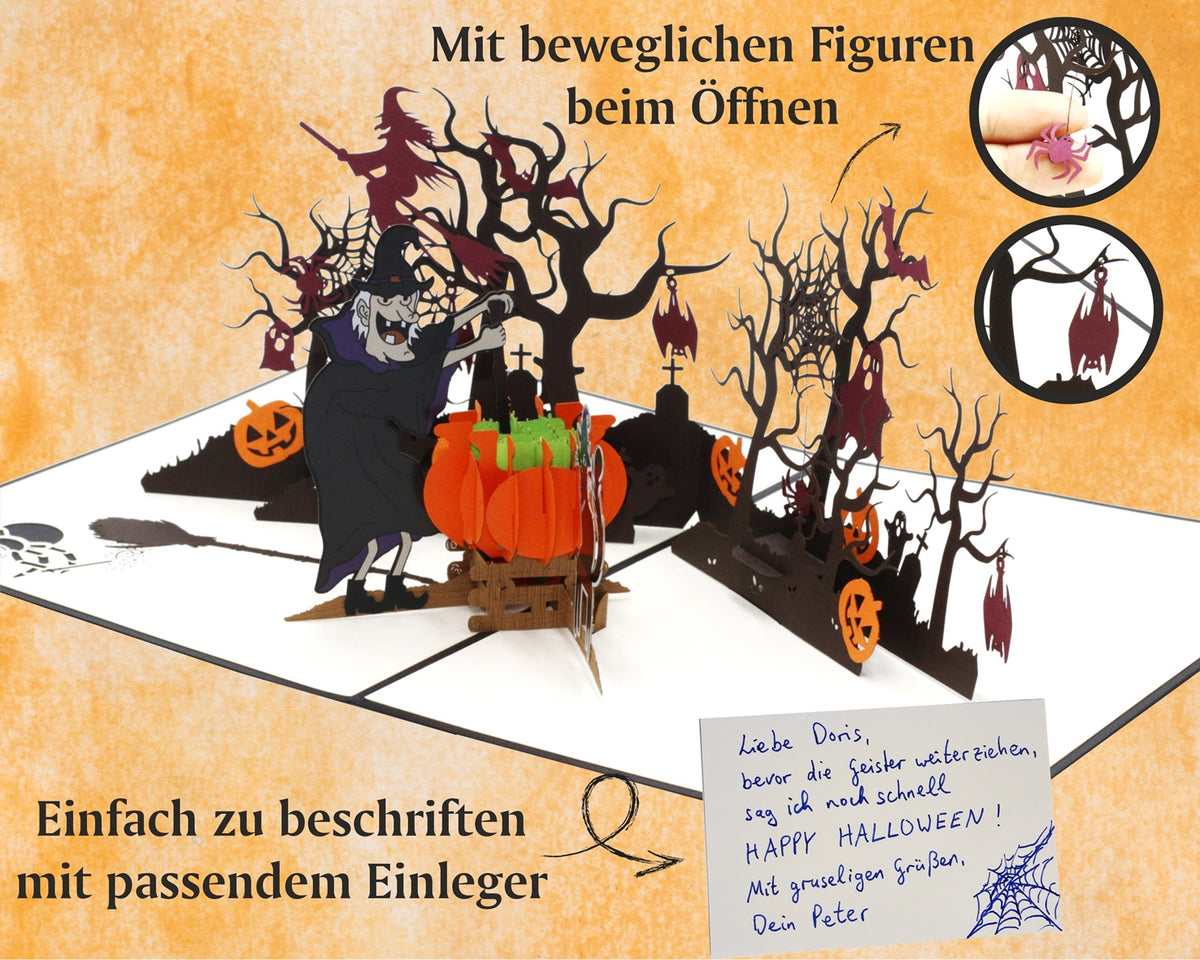 Aufgeklappte Halloween Pop-up-Karte mit beweglichen Figuren und beschriftetem Einleger, dazu die Hinweise mit beweglichen Figuren beim Öffnen und einfach zu beschriften.