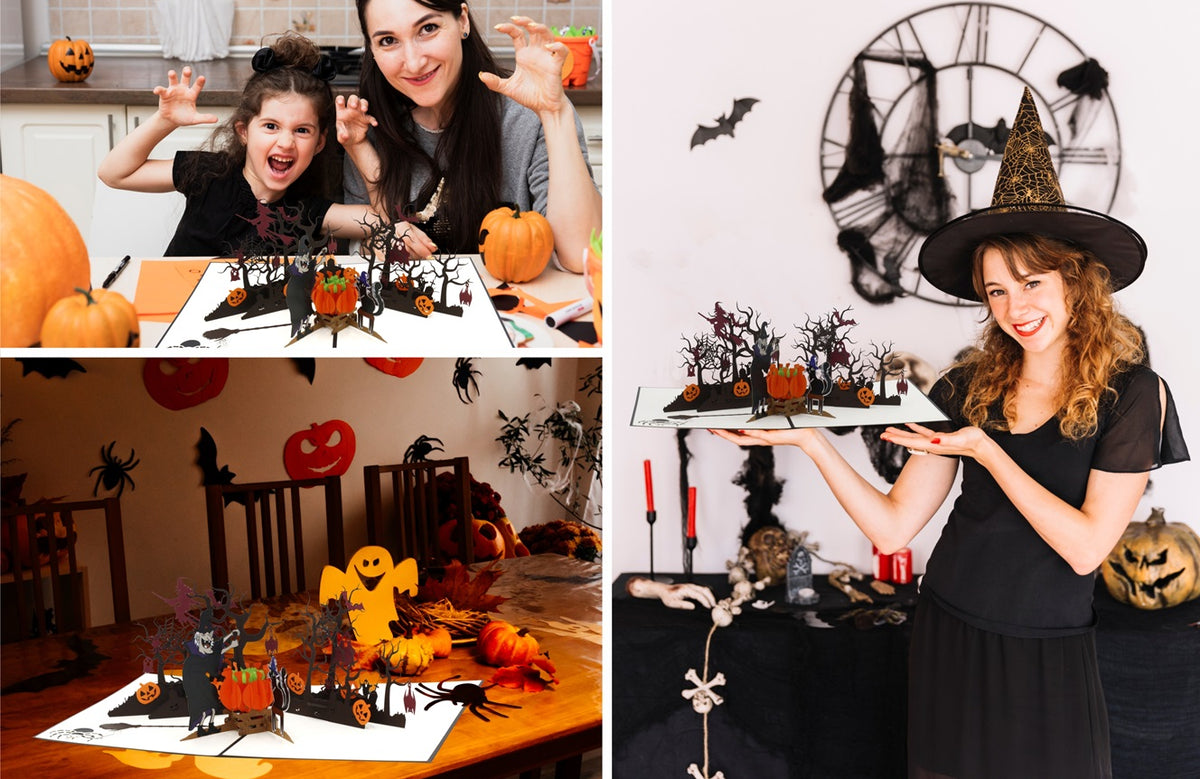 Collage mit Kindern und Frauen in Halloween-Dekoration, die die Pop-up-Karte zeigen, dazu der Text Einzigartiges Geschenk, das Gruselspaß garantiert.