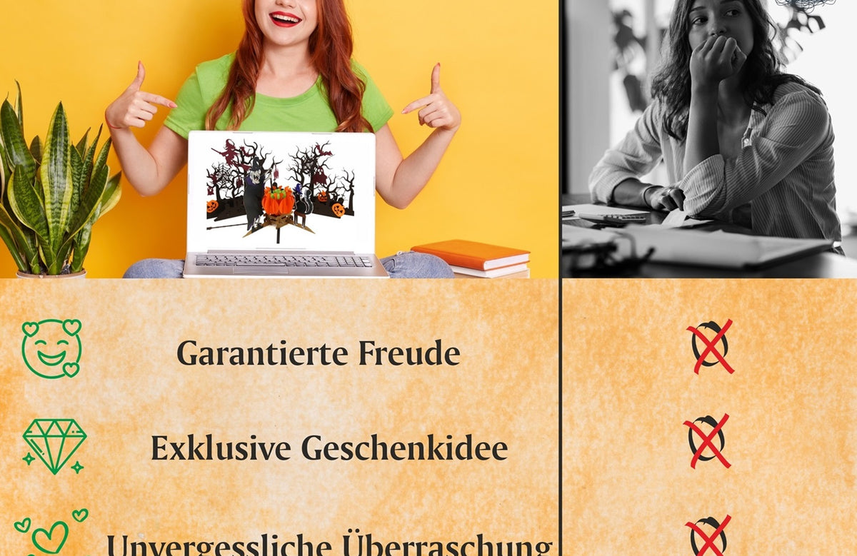 glückliche Frau mit Halloween Karte und unglückliche frau ohne karte