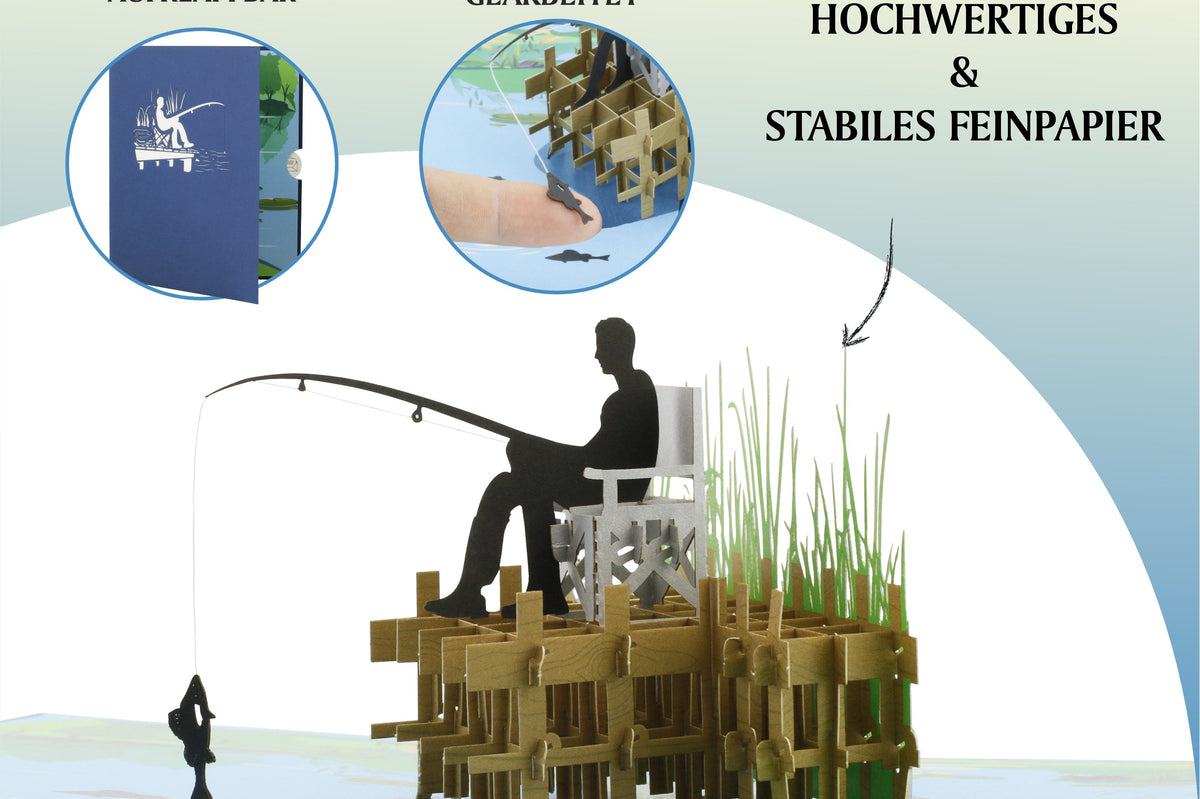 Pop-up-Karte mit filigranem Anglermotiv auf einem Stuhl zwischen Schilf und Wasser, daneben der Fisch am Angelhaken und das cover mit Anglermotiv als Scherenschnitt.