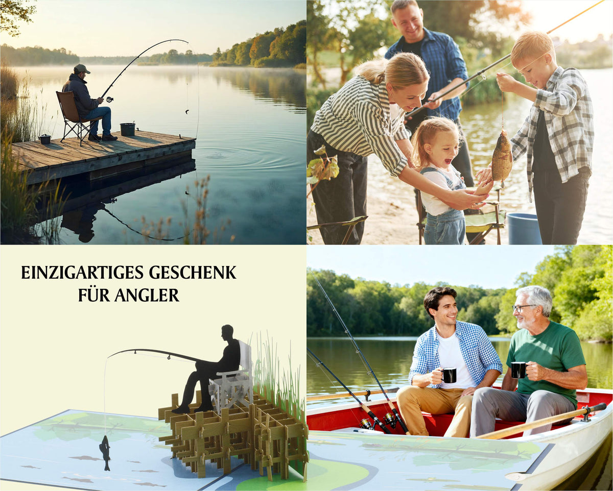 Vier Fotos und eine Illustration zeigen Angler beim Fischen am See, darunter eine Pop-up-Karte mit Anglermotiv und der Aufschrift EINZIGARTIGES GESCHENK FÜR ANGLER.