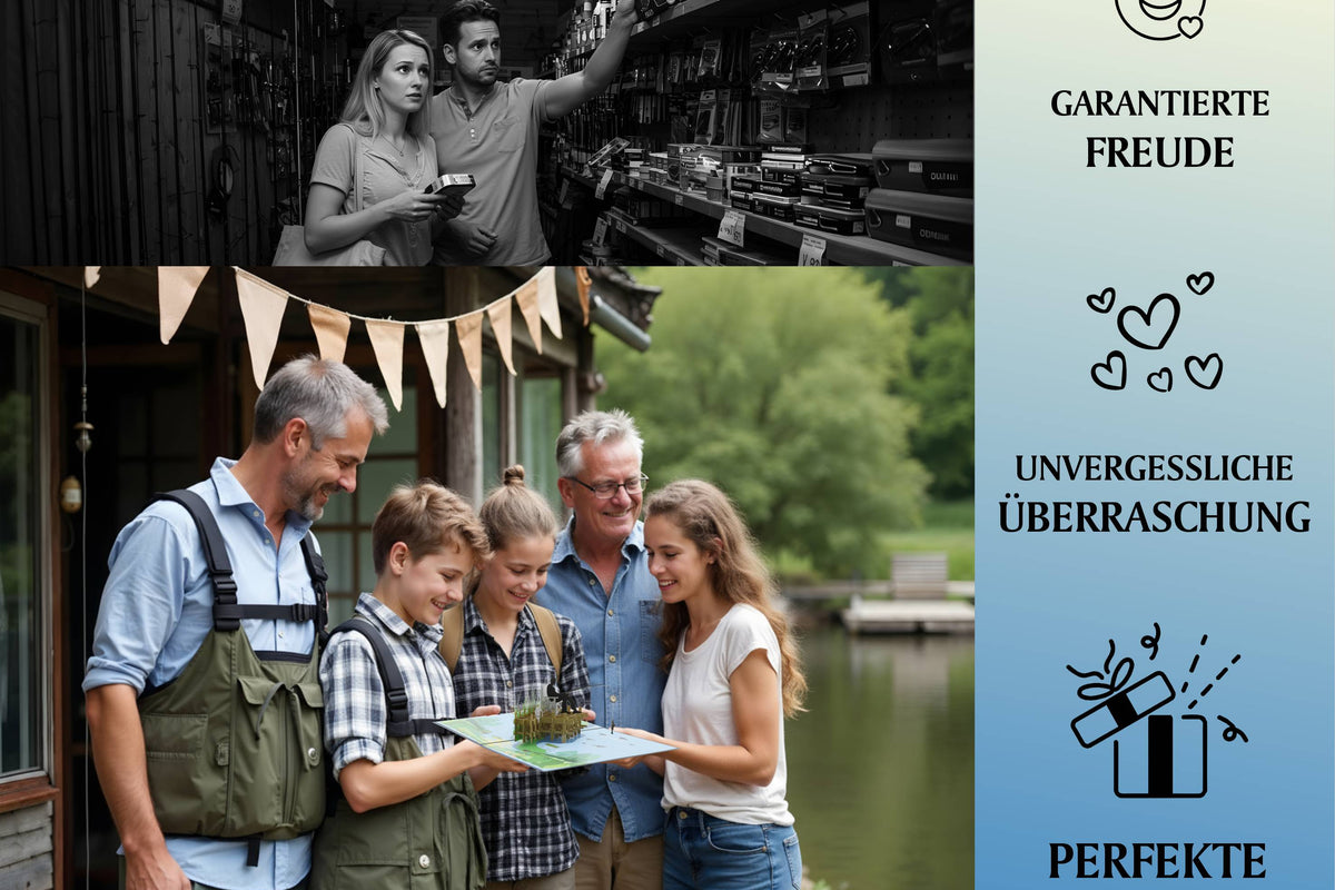 Eine Familie steht am Ufer eines Sees und betrachtet gemeinsam eine aufgeklappte Pop-up-Karte mit Anglermotiv, daneben Infografik mit Symbolen und den Texten KEINE IDEE FÜR EIN GESCHENK?, GARANTIERTE FREUDE, UNVERGESSLICHE ÜBERRASCHUNG, PERFEKTE GESCHENKIDEE.