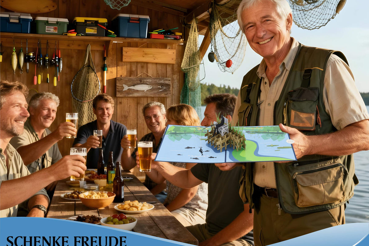 Mann in Anglerweste hält aufgeklappte geburtstag Pop-up-Karte mit Anglermotiv an einem Holztisch mit mehreren Personen und Getränken.