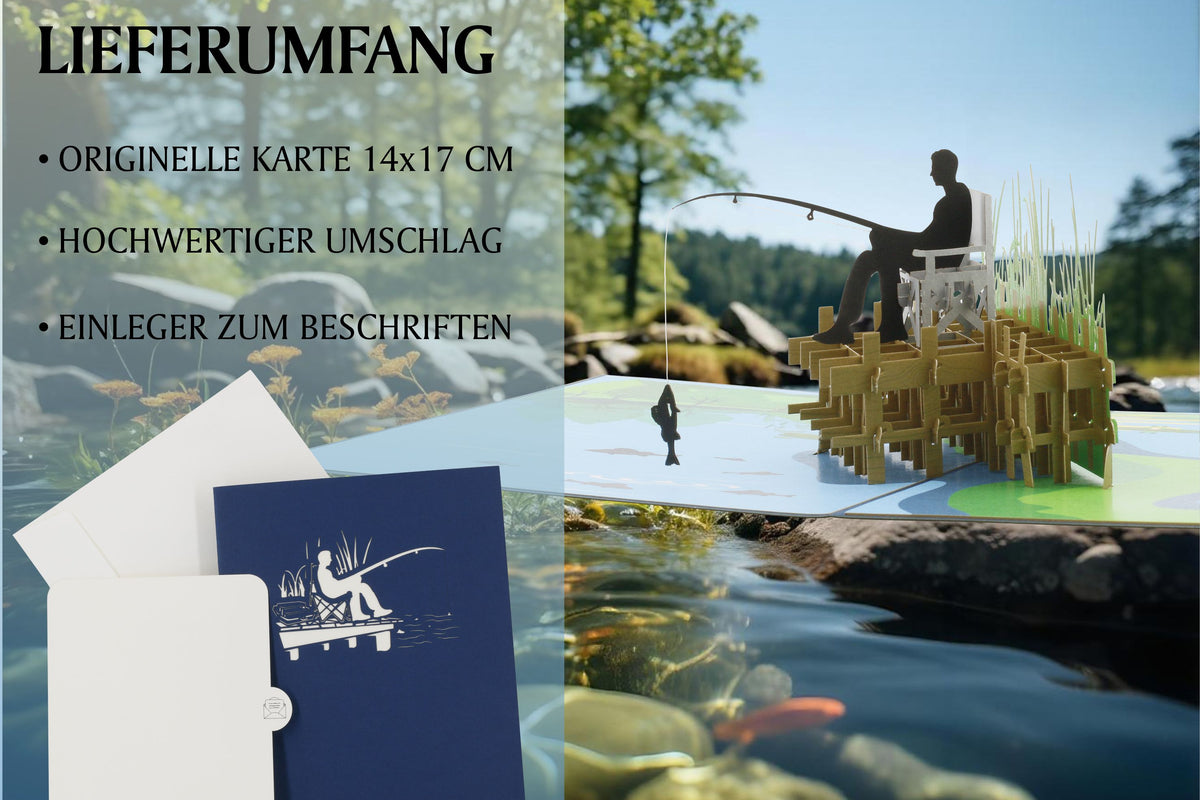 pop up karte mit einem angler beim angeln und einem Fisch am Haken. Im Hintergrund ist ein Fluss und Bäume in der Natur.