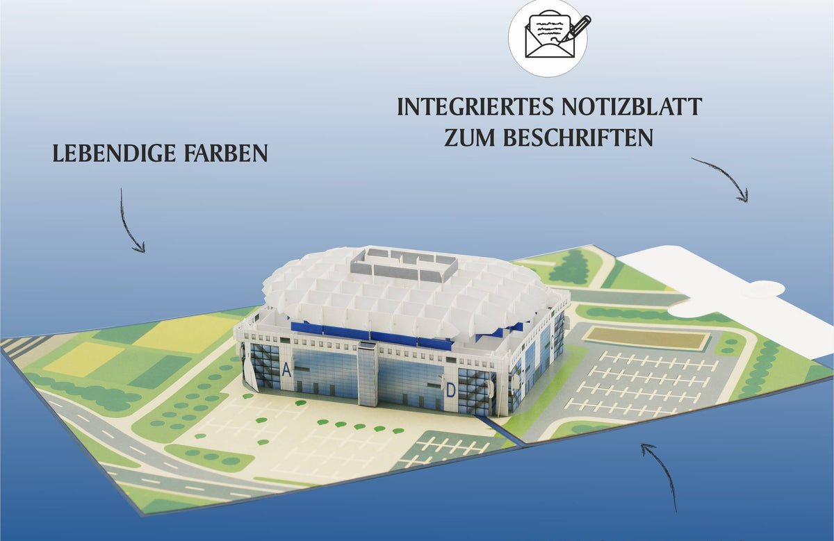 3d Klappkarte der Arena mit aufklappbaren Details, umgeben von Straßen und Grünflächen, mit eingezeichneten Beschriftungen und einem Einleger zum Beschriften.