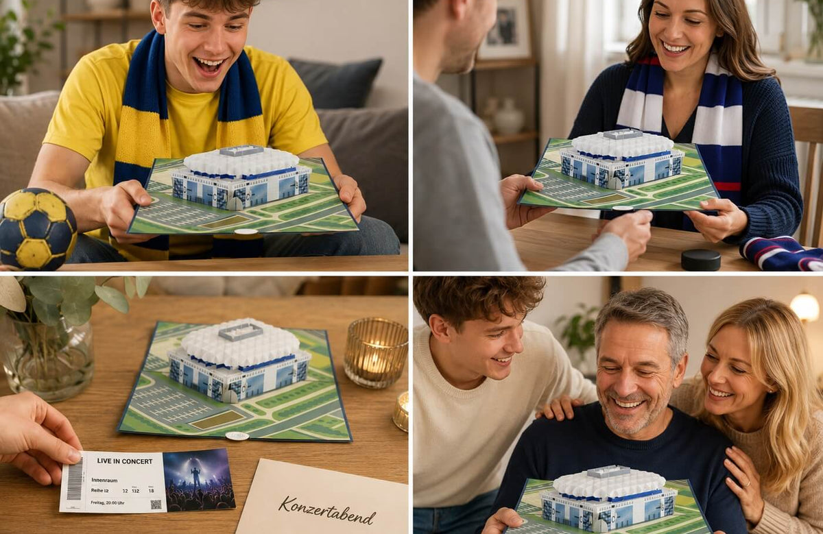 Vier Personen betrachten gemeinsam eine aufgeklappte Pop-up-Karte mit der Arena in Mannheim auf einem Tisch, daneben liegt ein Umschlag mit einer Konzertkarte, ein Volleyball und ein Eishockey Puck.