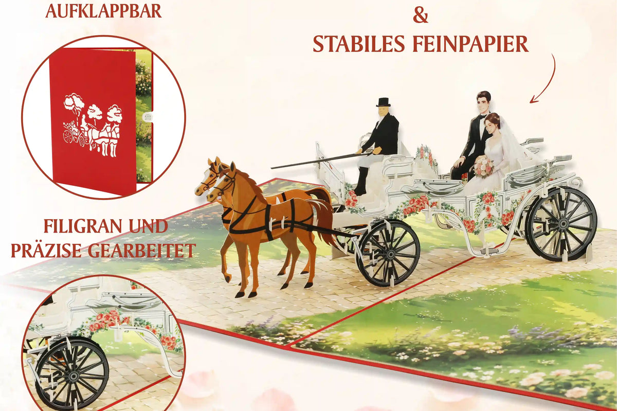 Aufgeklappte Pop-up-Karte mit einer Kutsche, in der ein Paar und ein Kutscher sitzen, gezogen von zwei Pferden, mit floralen Verzierungen und zwei Detailansichten der Verarbeitung.