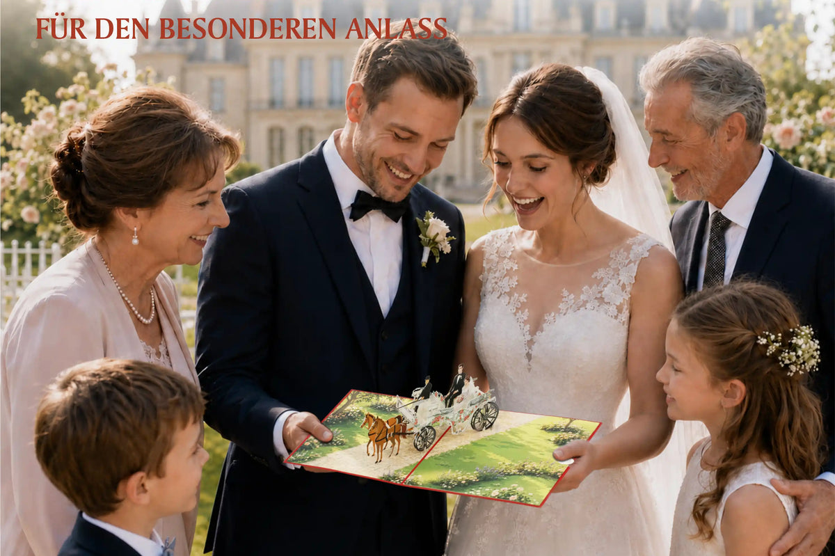 Brautpaar und Familie betrachten gemeinsam eine aufgeklappte Pop-up-Karte mit einer Hochzeitskutsche
