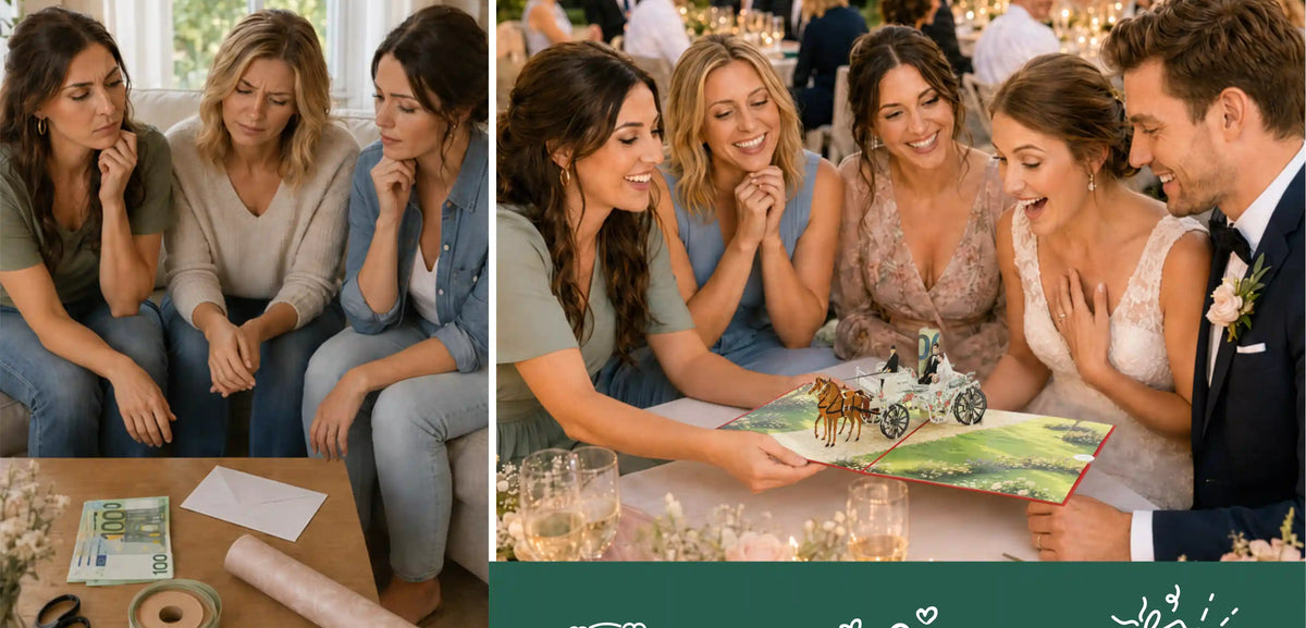 Vier Frauen sitzen auf einem Sofa und betrachten Bastelmaterial, daneben hält eine Gruppe von Hochzeitsgästen eine aufgeklappte Pop-up-Karte mit einer Kutsche.