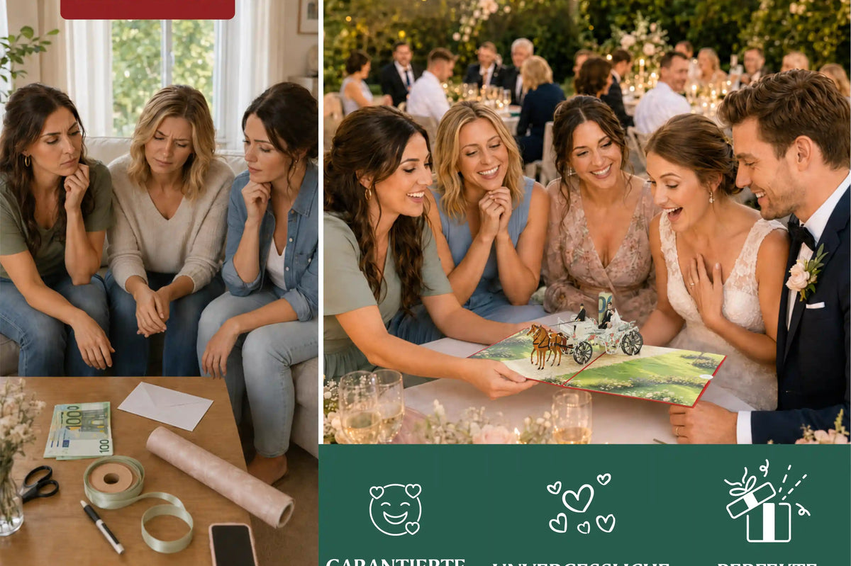 Vier Frauen sitzen auf einem Sofa und betrachten Bastelmaterial, daneben hält eine Gruppe von Hochzeitsgästen eine aufgeklappte Pop-up-Karte mit einer Kutsche.