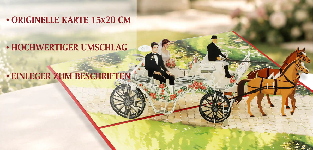 Geöffnete Pop-up-Karte mit einer Kutsche, in der zwei Figuren sitzen, und zwei Pferden auf einem Weg mit Blumenmuster.