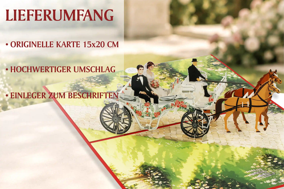 Geöffnete Pop-up-Karte mit einer Kutsche, in der zwei Figuren sitzen, und zwei Pferden auf einem Weg mit Blumenmuster.