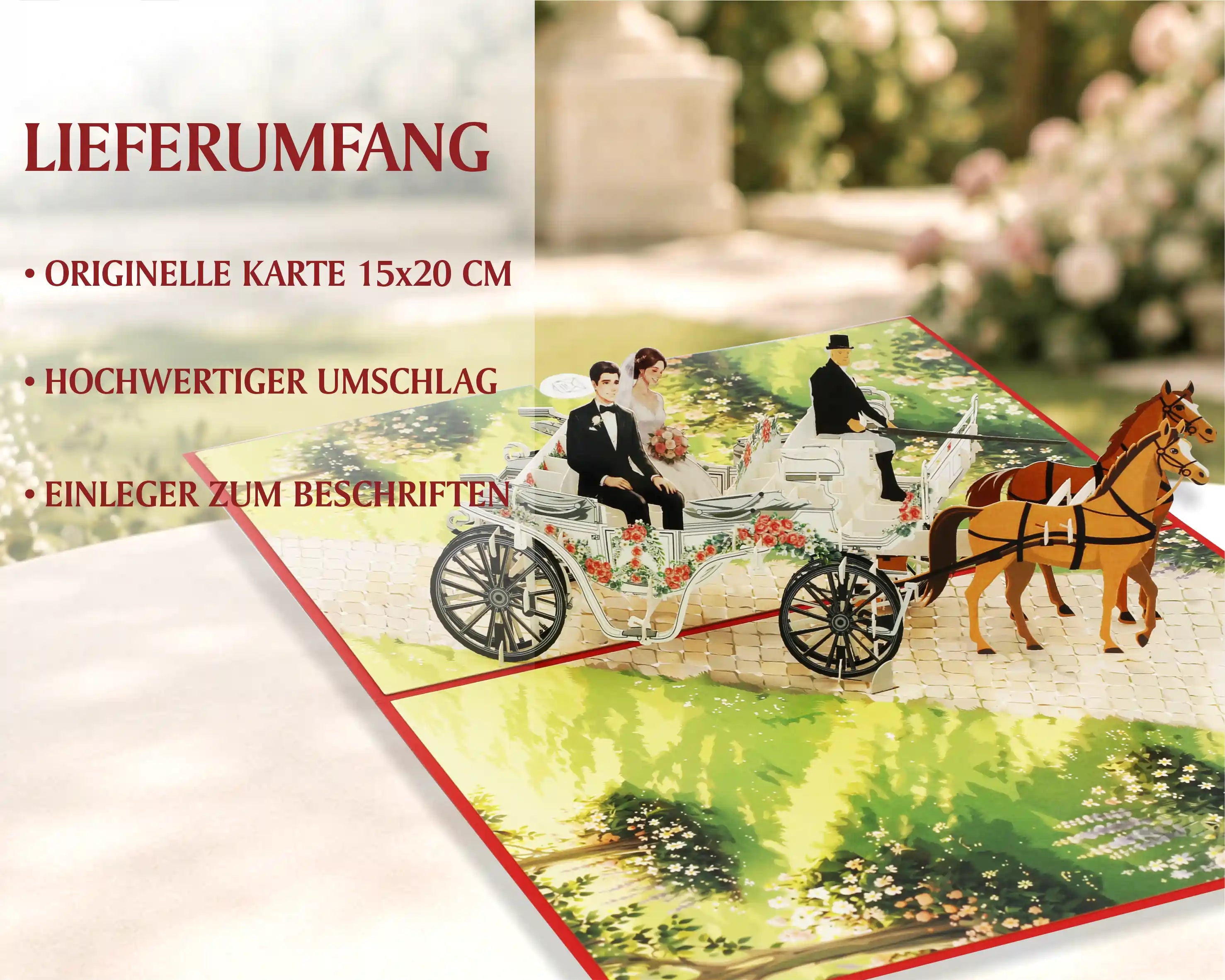 Geöffnete Pop-up-Karte mit einer Kutsche, in der zwei Figuren sitzen, und zwei Pferden auf einem Weg mit Blumenmuster.