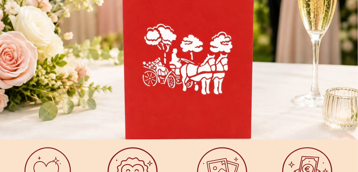 Rote Pop-up-Karte mit weißer Linienzeichnung einer Hochzeitskutsche auf einem festlich gedeckten Tisch vor Blumen und Sektgläsern