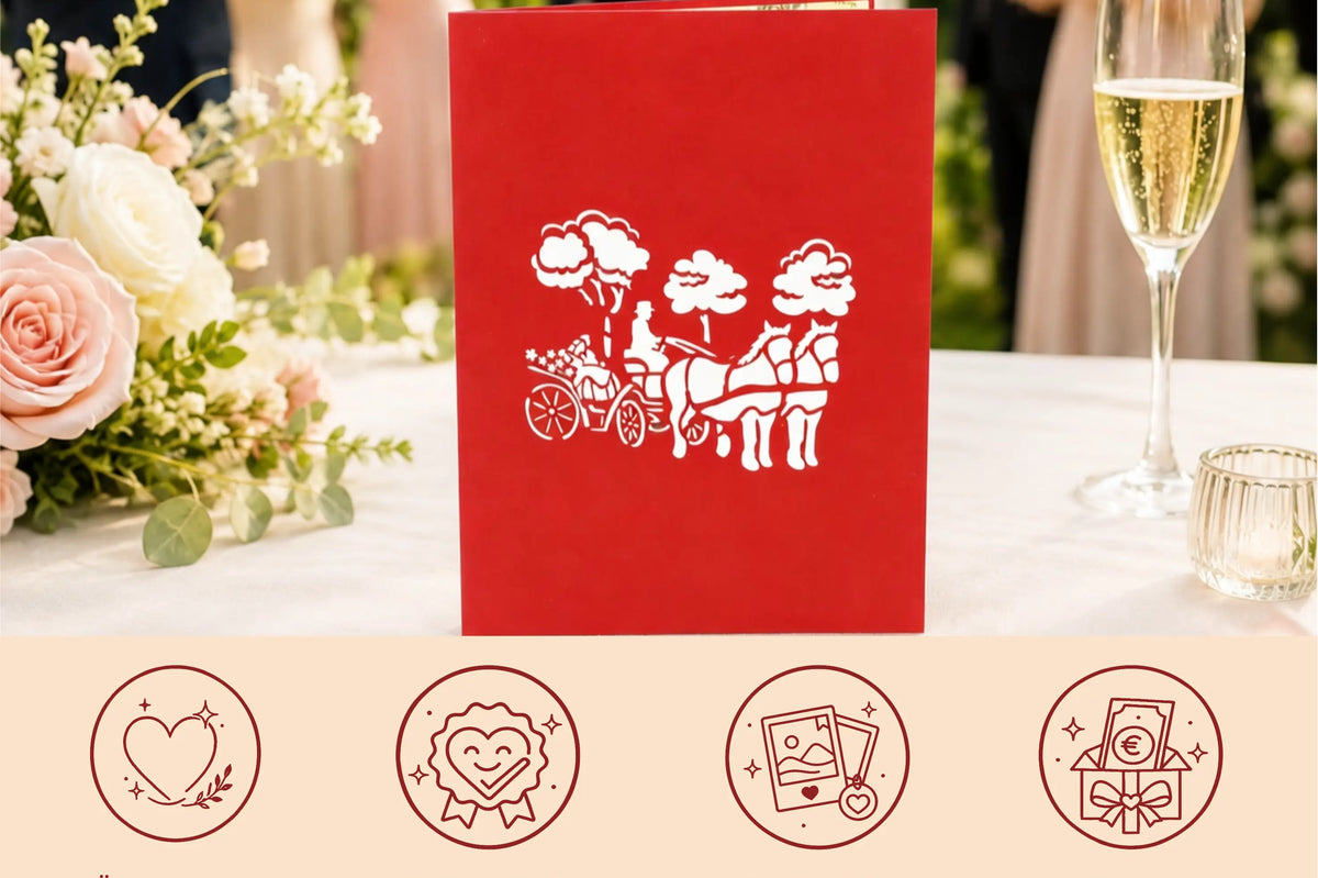 Rote Pop-up-Karte mit weißer Linienzeichnung einer Hochzeitskutsche auf einem festlich gedeckten Tisch vor Blumen und Sektgläsern