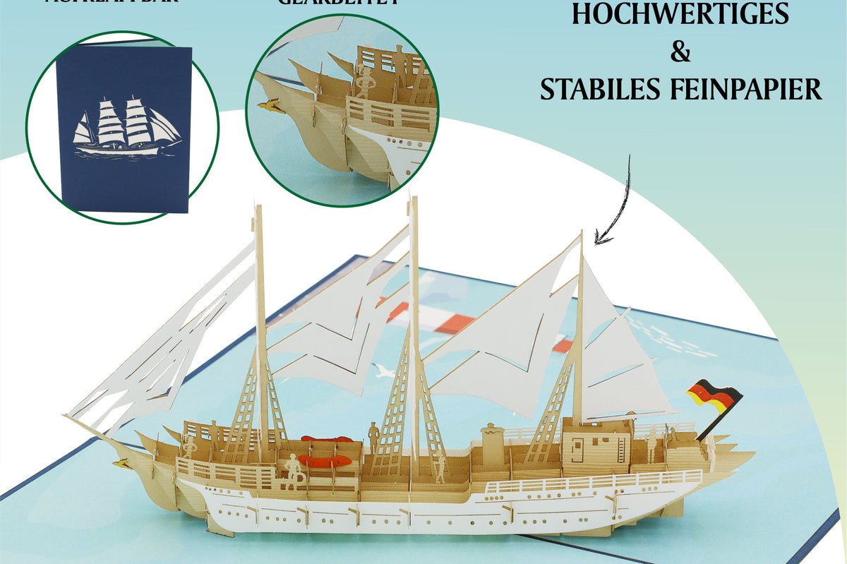 Aufgeklappte Pop-up-Karte mit dem Segelschiff Gorch Fock, dazu die Hinweise problemlos aufklappbar, filigran und präzise gearbeitet sowie hochwertiges und stabiles Feinpapier.