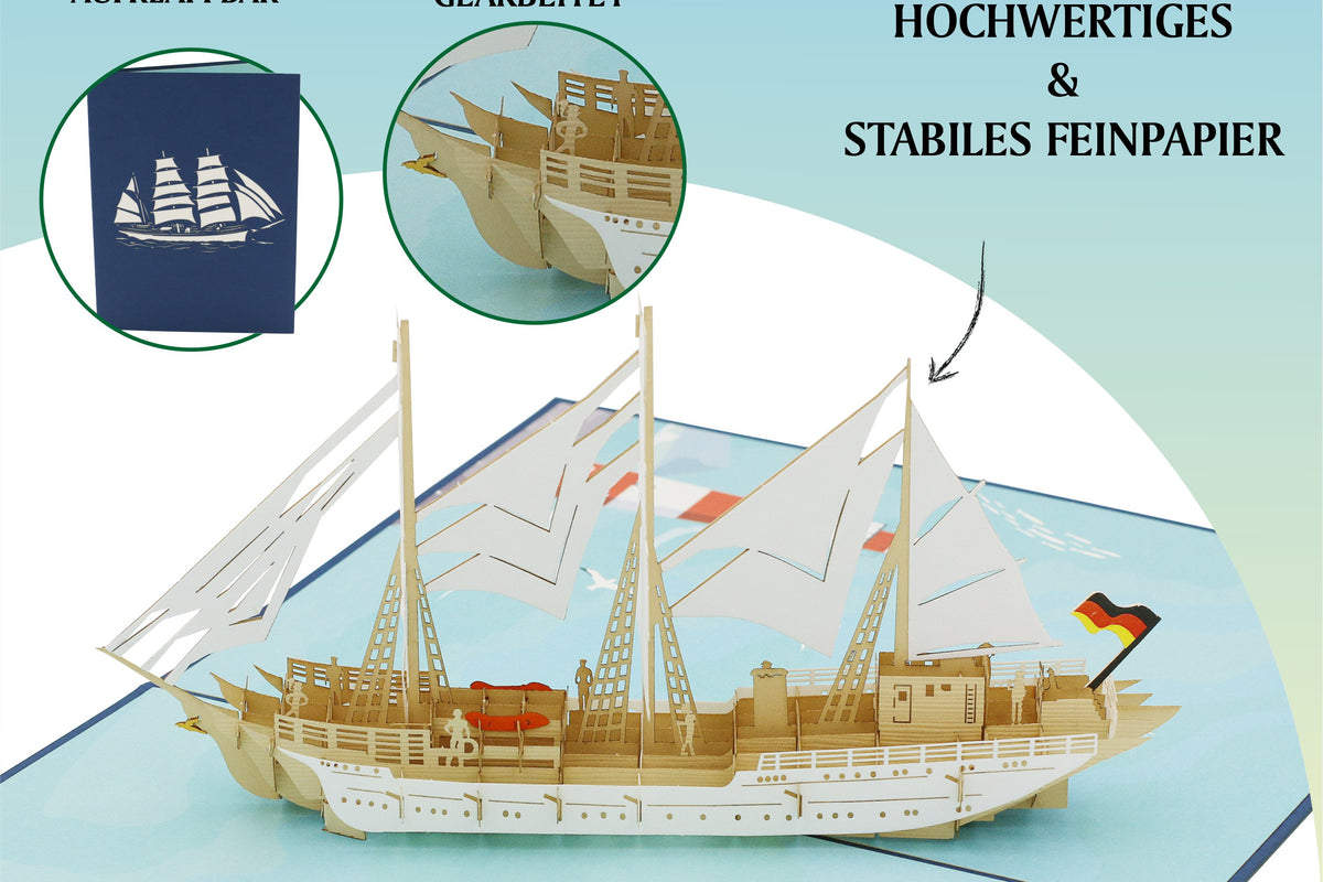 Aufgeklappte Pop-up-Karte mit dem Segelschiff Gorch Fock, dazu die Hinweise problemlos aufklappbar, filigran und präzise gearbeitet sowie hochwertiges und stabiles Feinpapier.