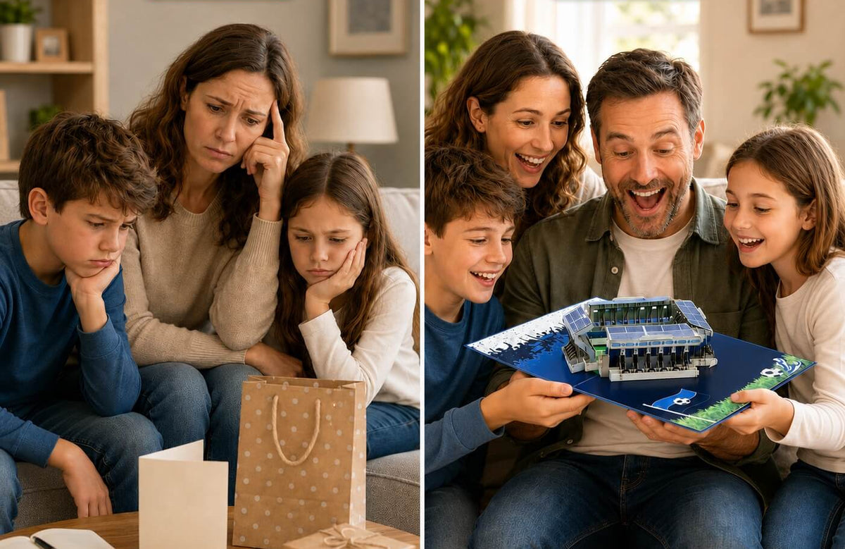 Zwei Erwachsene und zwei Kinder sitzen auf einem Sofa, links ohne eine Idee was verschenkt werden kann, rechts mit einer aufgeklappten Pop-up-Karte mit Stadionmodell Mannheim und jetzt lachen alle und freuen sich.