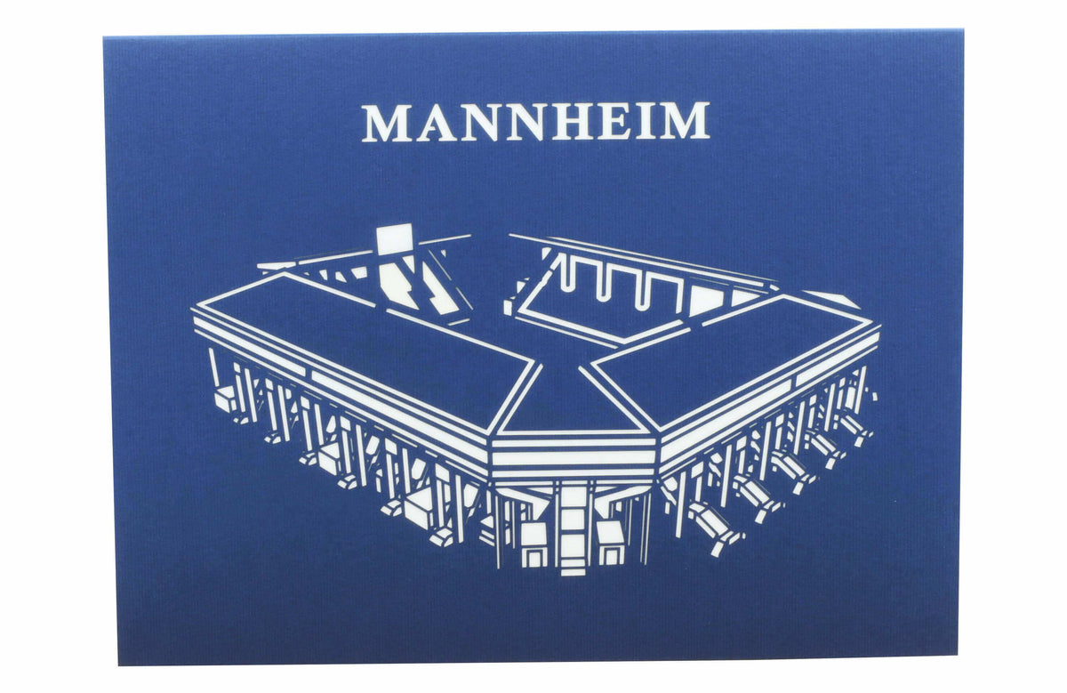 Blaue Klappkarte mit einem Scherenschnitt vom Stadion Mannheim.