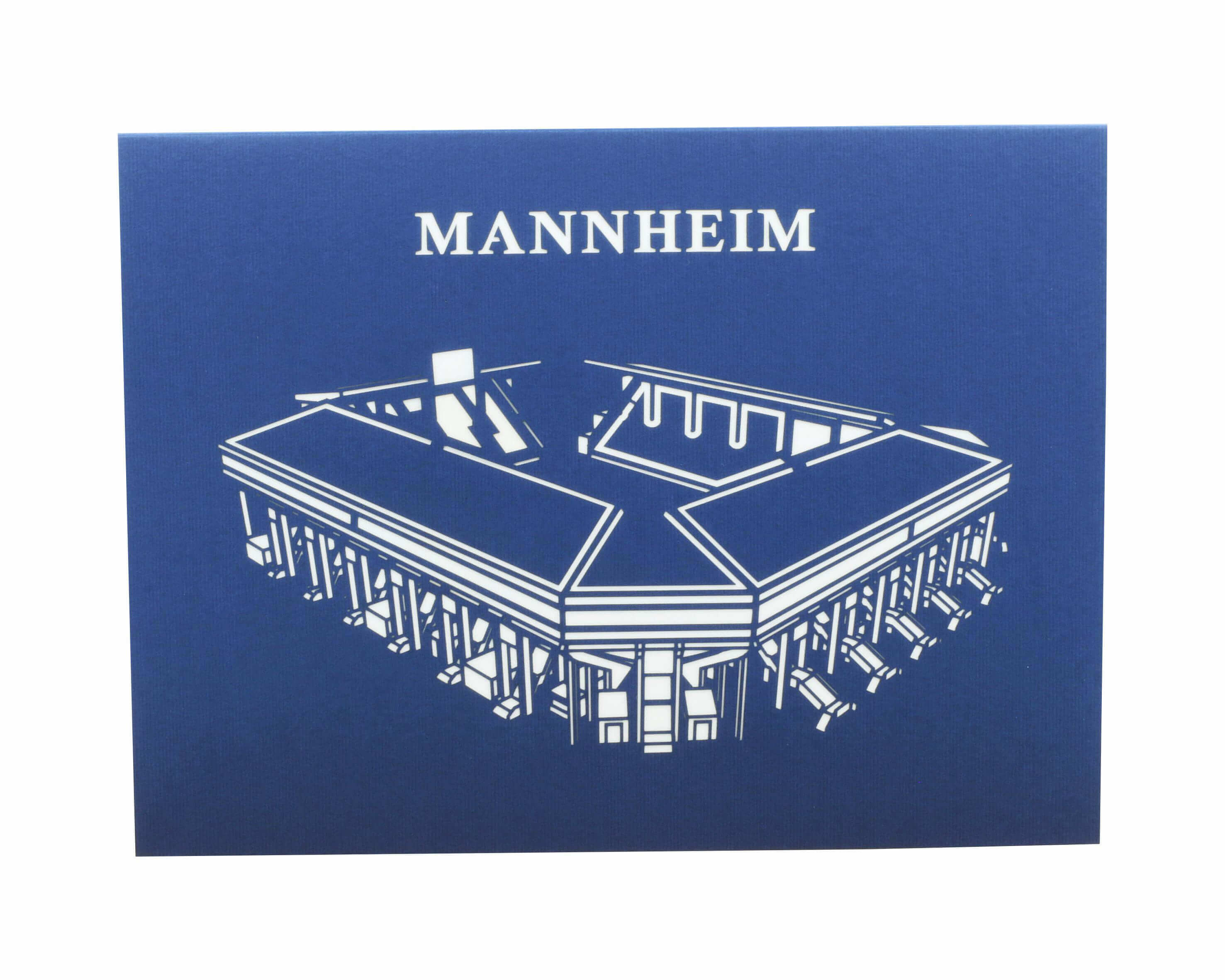 Blaue Klappkarte mit einem Scherenschnitt vom Stadion Mannheim.