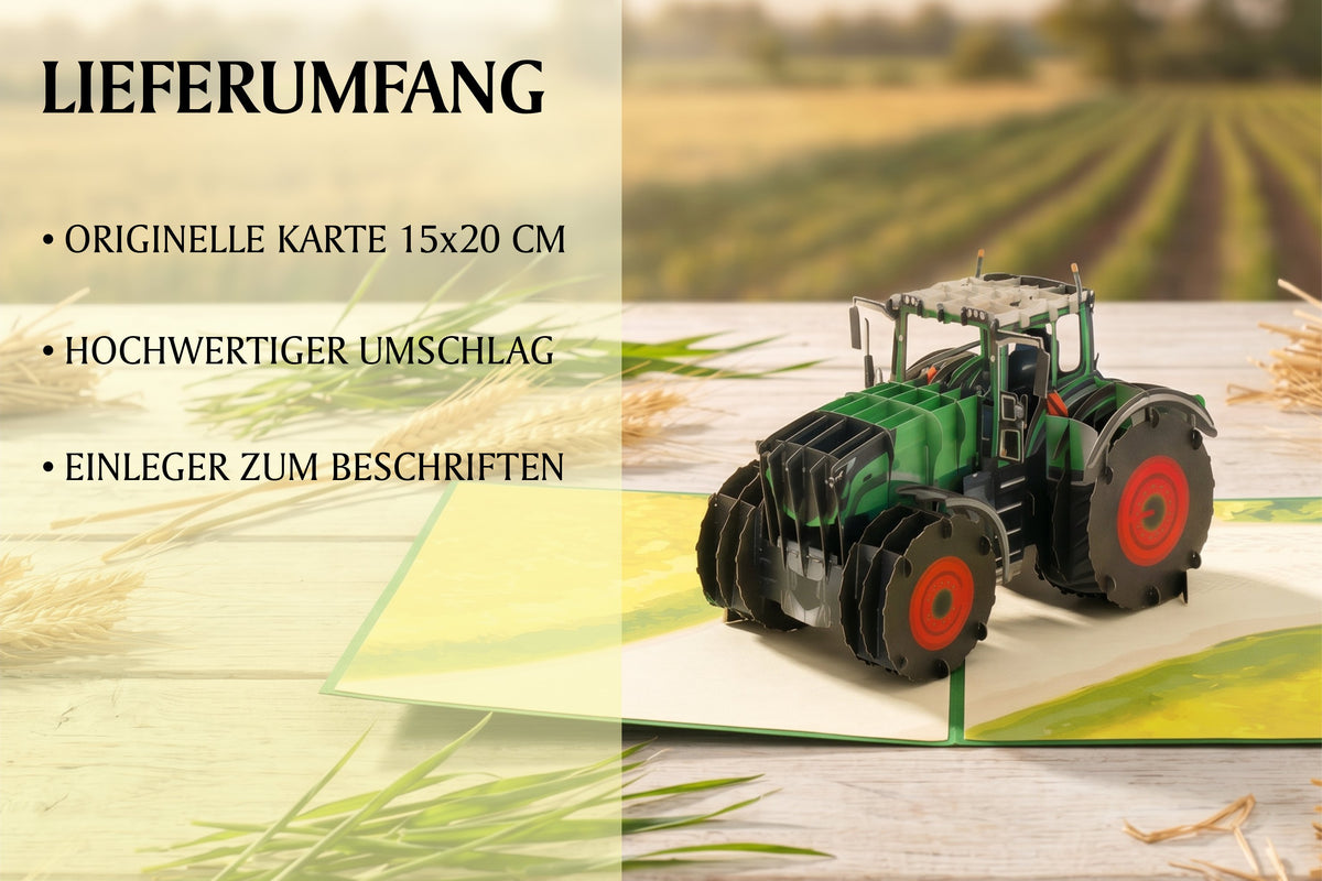 Aufgeklappte Pop-up-Karte mit detailreichem Traktor Modell aus Papier. Im Hintergrund ist ein Acker in der Natur abgebildet.