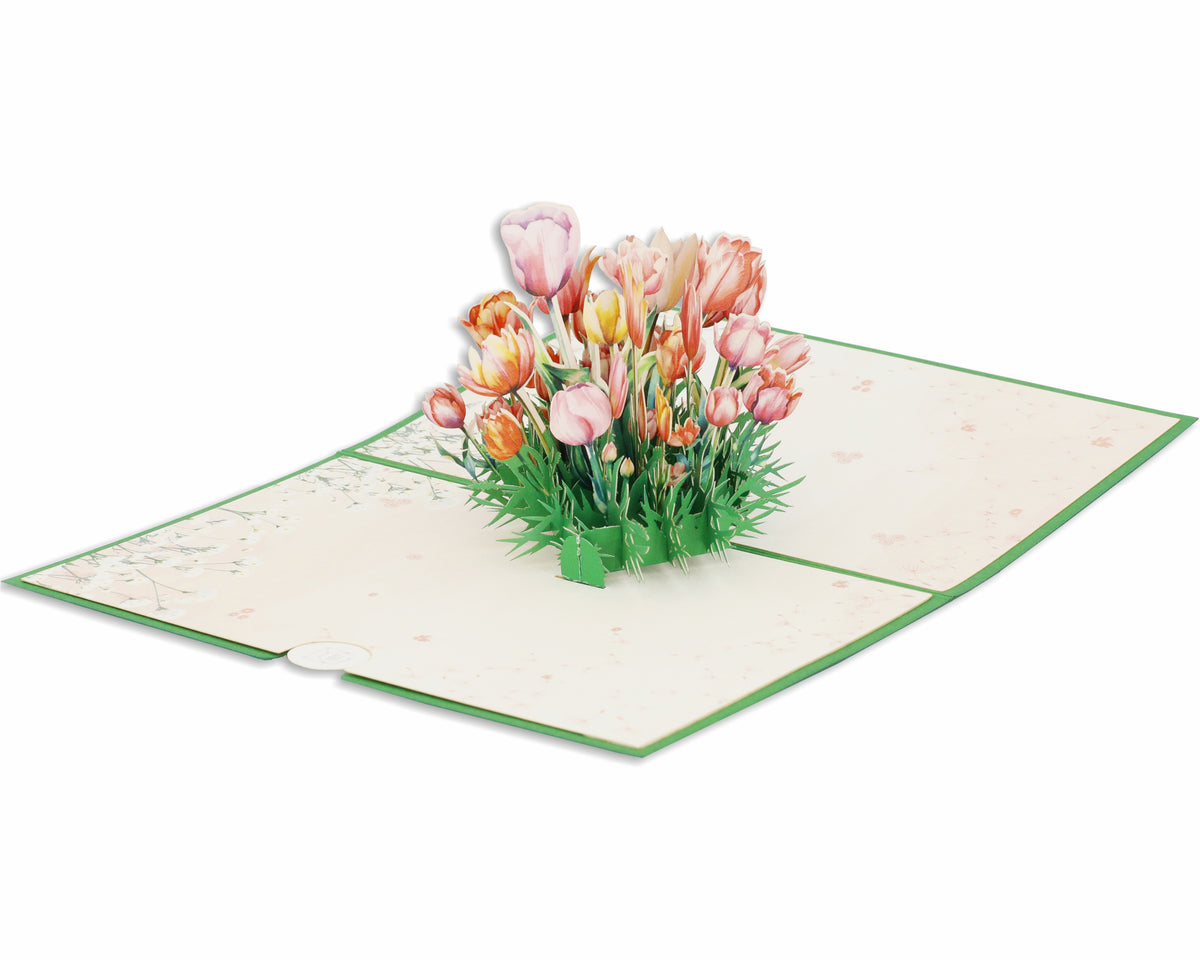 Aufgeklappte Pop-up-Karte mit rosa und orangefarbenen Tulpen aus Papier, frontal fotografiert.