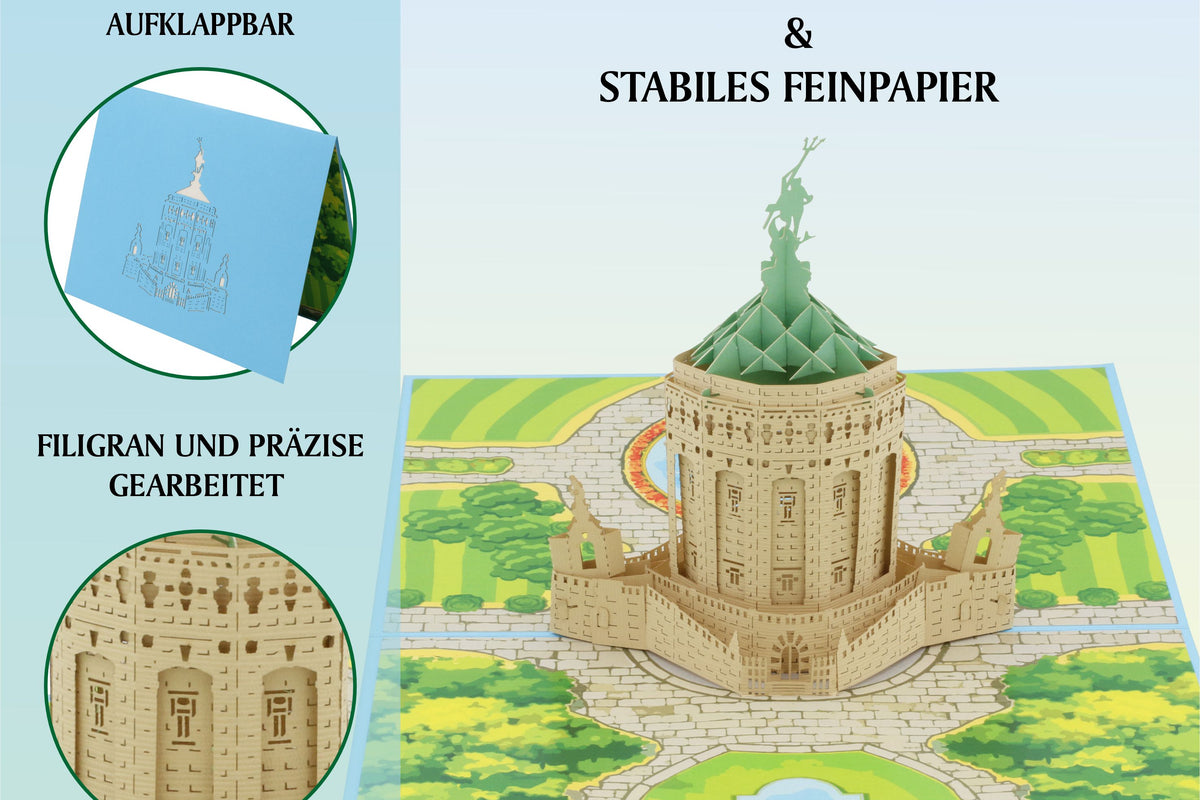Aufgeklappte Pop-up-Karte mit dem Mannheimer Wasserturm, dazu die Hinweise problemlos aufklappbar, filigran und präzise gearbeitet sowie hochwertiges und stabiles Feinpapier.