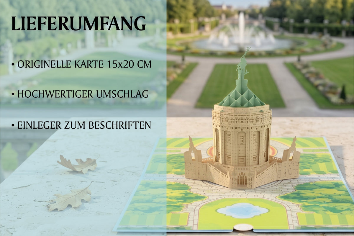 Aufgeklappte Pop-up-Karte mit detailreichem Mannheimer Wasserturm und angedeuteter Parklandschaft, im Hintergrund.