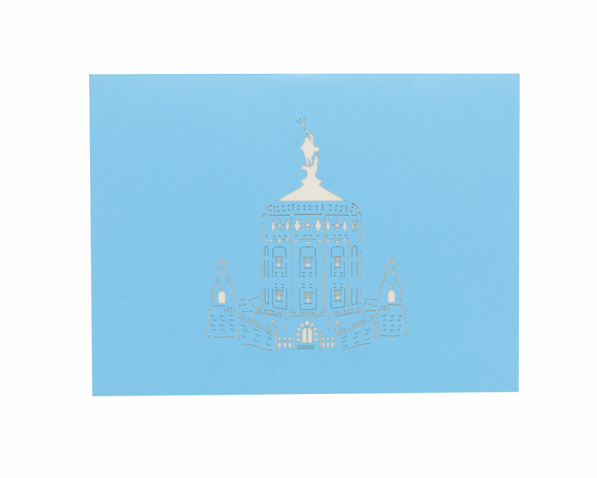 Blaue Karte mit einem Scherenschnitt vom Mannheimer Wasserturm.