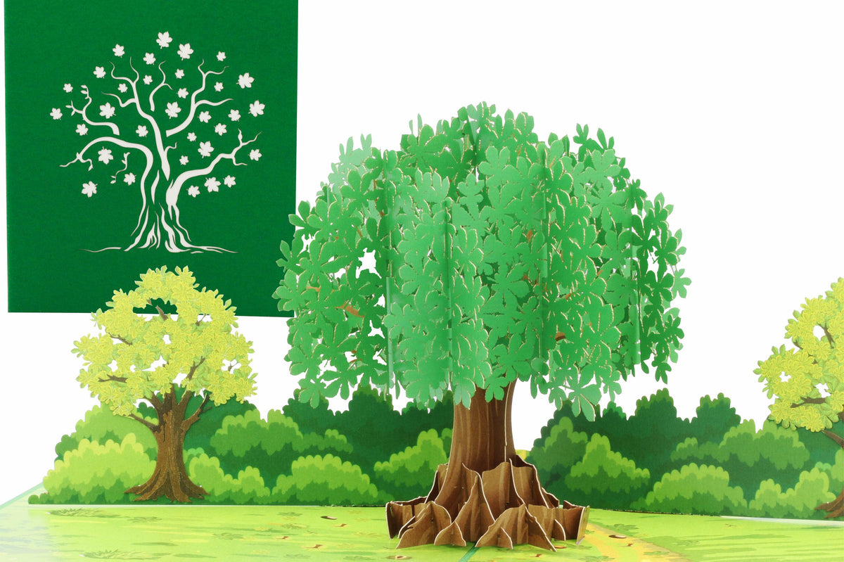 pop up karte in grün mit einem großen grünen baum und mehreren kleineren bäumen auf einer wiese