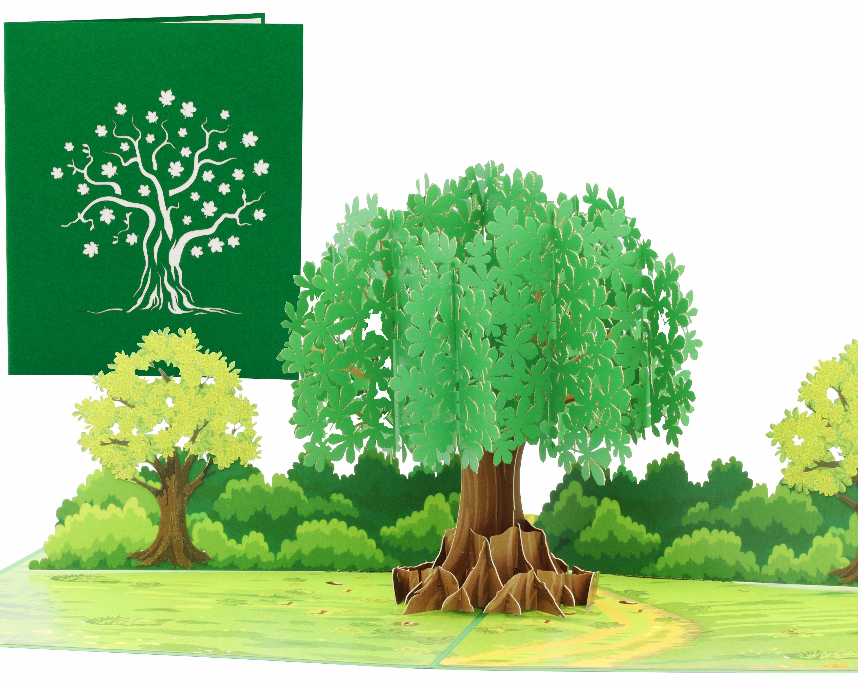 pop up karte in grün mit einem großen grünen baum und mehreren kleineren bäumen auf einer wiese