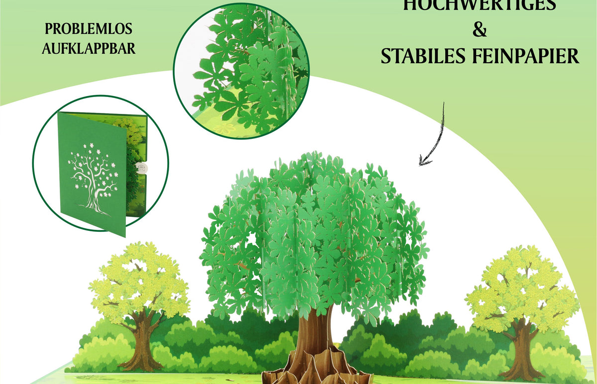 Aufgeklappte Pop-up-Karte mit einem grünen Baum in sommerlicher Landschaft, dazu die Hinweise problemlos aufklappbar, filigran und präzise gearbeitet sowie hochwertiges und stabiles Feinpapier.