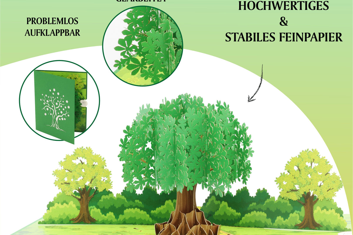 Aufgeklappte Pop-up-Karte mit einem grünen Baum in sommerlicher Landschaft, dazu die Hinweise problemlos aufklappbar, filigran und präzise gearbeitet sowie hochwertiges und stabiles Feinpapier.