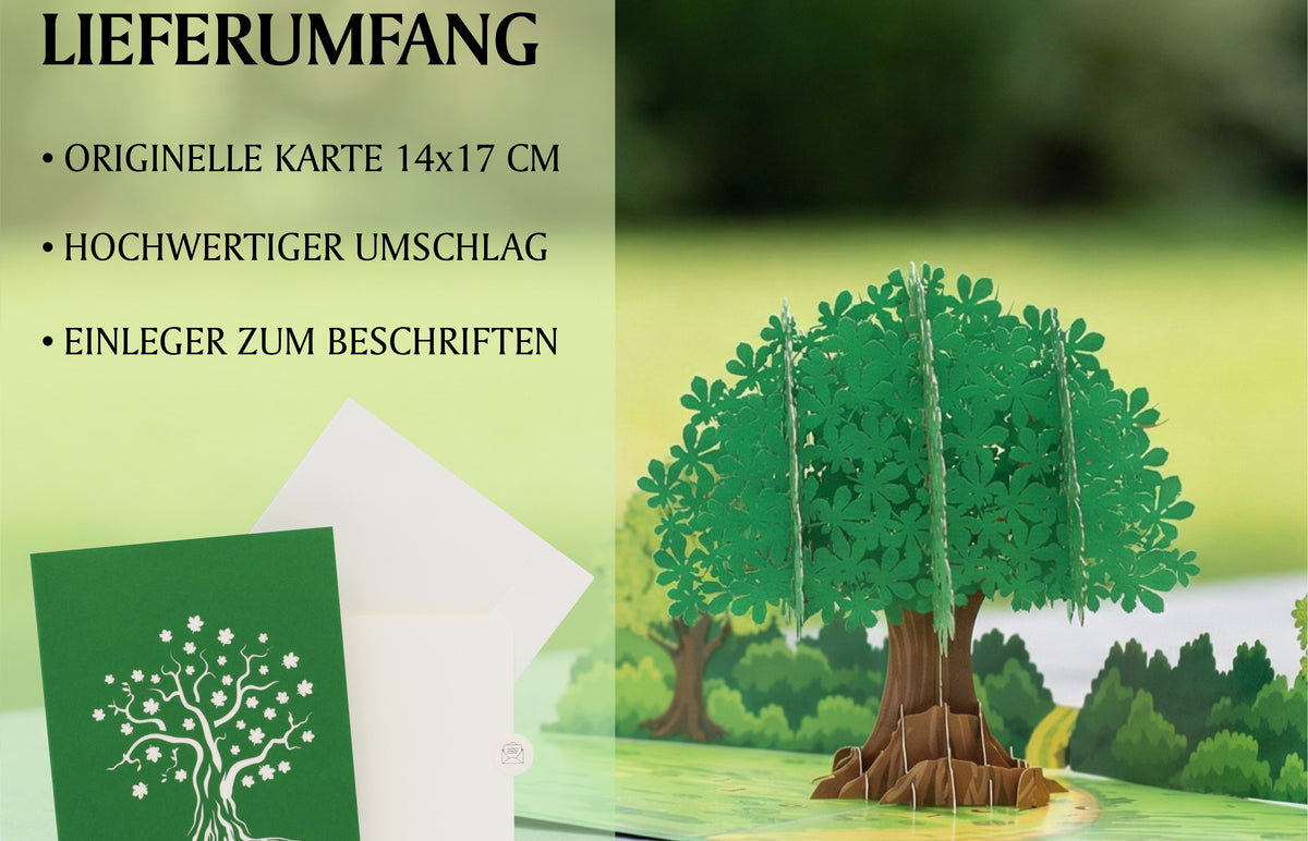 Lieferumfang der Baum Pop-up-Karte: originelle Karte 14x17 cm, hochwertiger Umschlag und Einleger zum Beschriften.