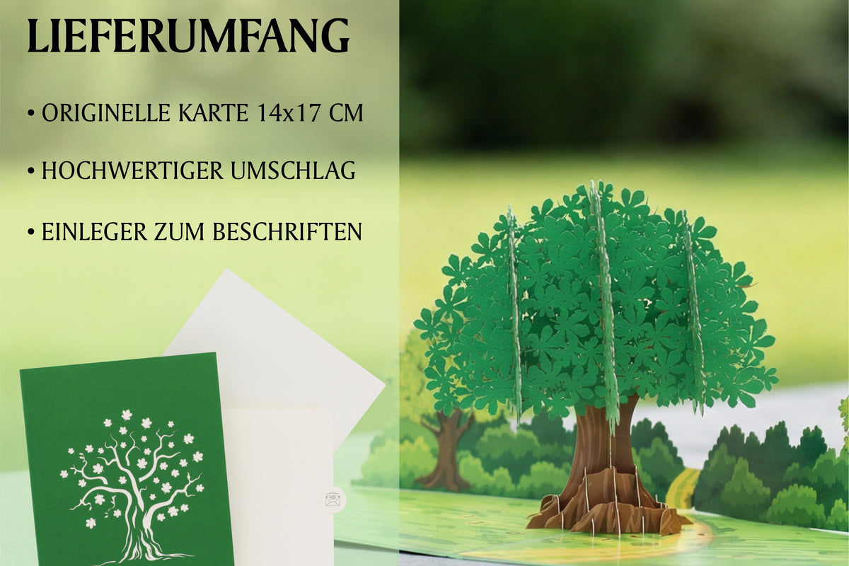 Lieferumfang der Baum Pop-up-Karte: originelle Karte 14x17 cm, hochwertiger Umschlag und Einleger zum Beschriften.