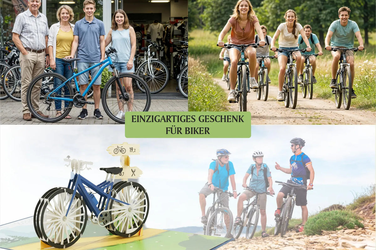 Collage mit Gruppen von Menschen auf Fahrrädern, einer Pop-up-Karte mit blauem Fahrrad und dem Text EINZIGARTIGES GESCHENK FÜR BIKER in der Mitte