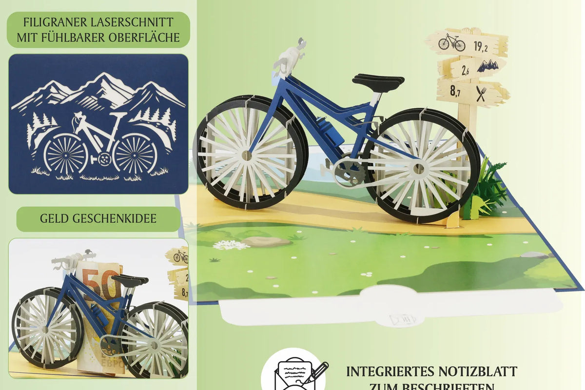 Aufgeklappte Pop-up-Karte mit filigranem Fahrradmodell, Wegweiser und angedeuteter Landschaft, daneben Detailansichten und die Verwendung als Geldgeschenk.