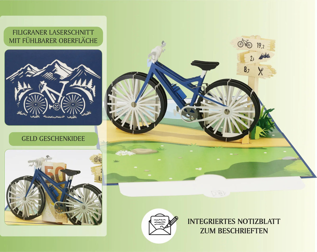 Aufgeklappte Pop-up-Karte mit filigranem Fahrradmodell, Wegweiser und angedeuteter Landschaft, daneben Detailansichten und die Verwendung als Geldgeschenk.