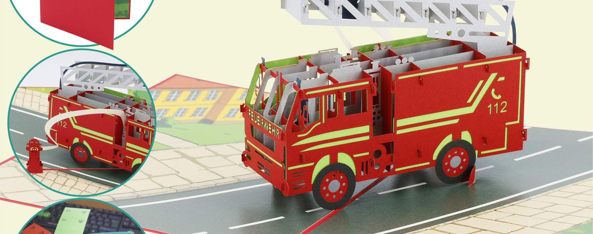 pop up karte mit feuerwehr mit drehleiter auf einer straße